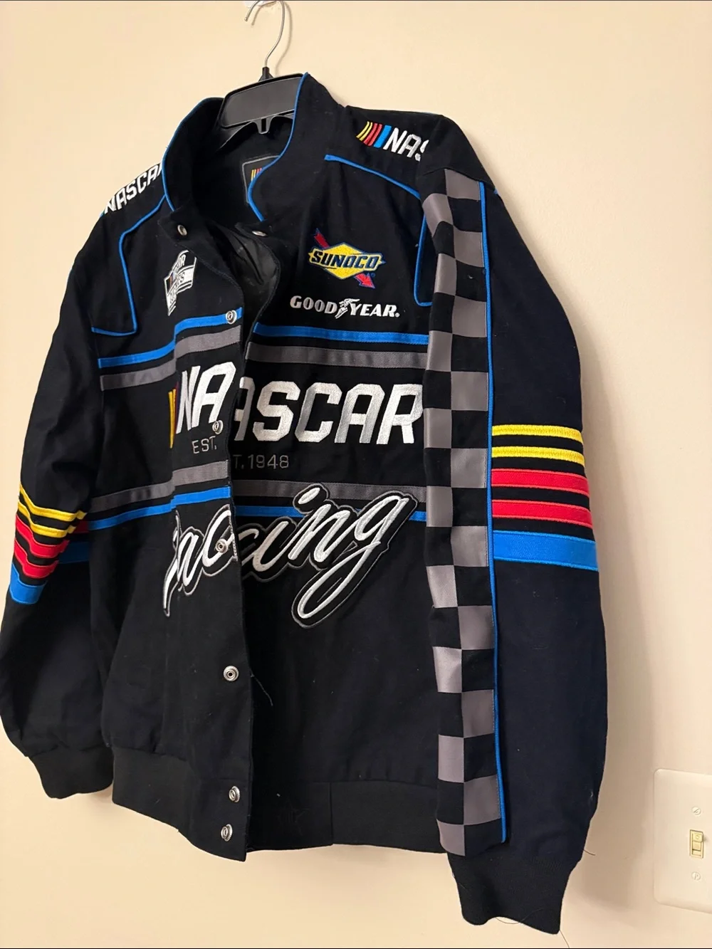 Nascar Black Racing Jacket with Multicolor Stripe Accents - Picture 2 of 6